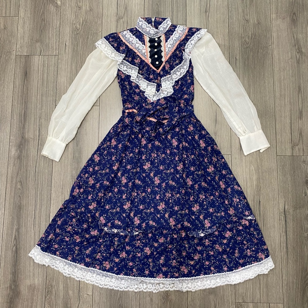 Vintage 1970's Gunne Sax Jessica Prairie Boho Festival Lace‎ Floral Dress Sz 11